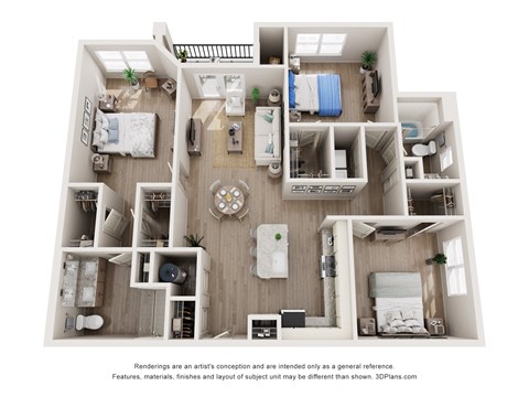 Floor plan for 3 beds, 2 baths, 1310 sqft